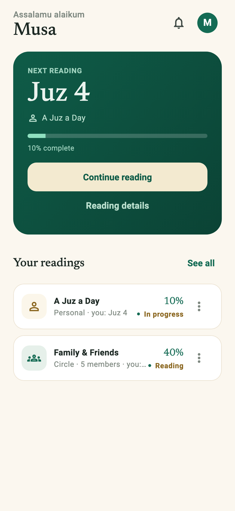 The home screen showing today's next portion