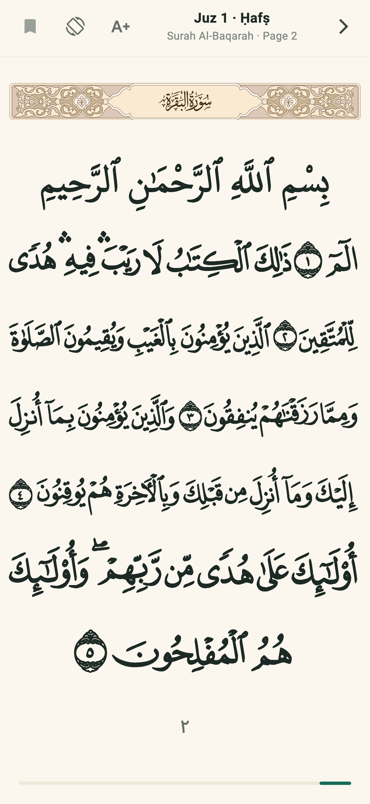 The built-in page-accurate Mushaf reader