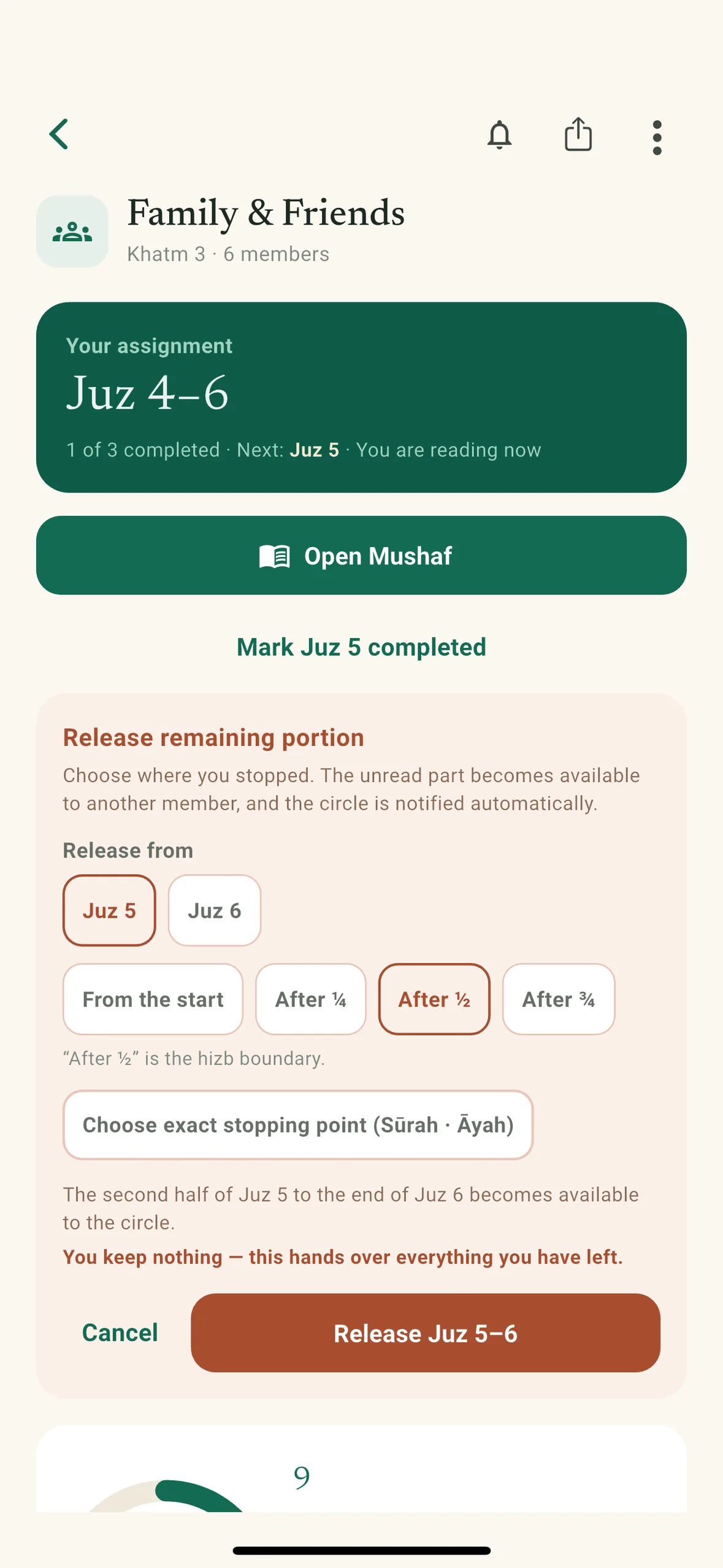 Handing back part of a Juz in a reading circle, choosing a checkpoint